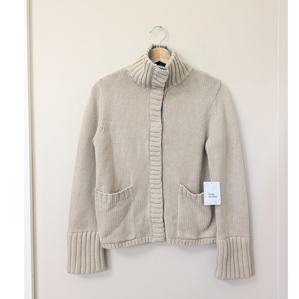 Vintage Y2K Moda International Beige Chunky Knit Cardigan Funnel Neck Sweater